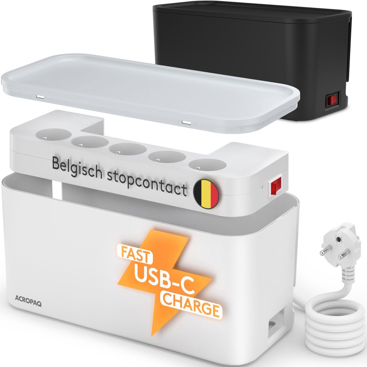 ACROPAQ Kabelbox stekkerdoos – Wit – 5x Belgisch stopcontact, USB-A, QC USB-A & USB-C – Kabeldoos met geïntegreerde stekkerdoos – Voor snoeren wegwerken – Kabel organiser