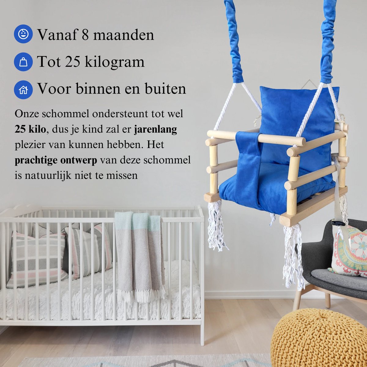 Luxe houten 3 in 1 blauwe meegroei baby schommel en kinder schommel – Baby swing – Schommel die meegroeit met je kindje - Schommelstoel - Schommels - handgemaakt — afbeelding 4
