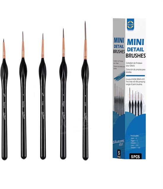 Foto: Fijne penselen set van 5 stuks fine detail miniatuur modelbouw penselen schilderen op nummer aquarel waterverf acryl olieverf