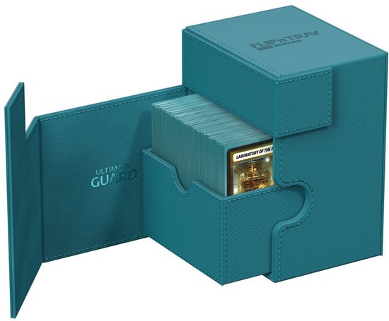 Petrolkleurige Flip'n'Tray kaartenbox met een geopend vak voor kaarten en een magnetisch sluitklep.