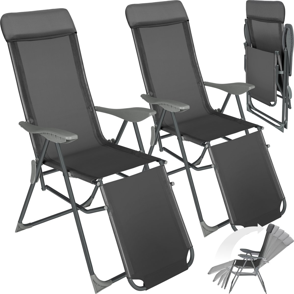 tectake® - Set van 2 klapstoelen - Aluminium tuinstoelen - Inklapbaar met hoofdsteun en voetensteun - Ligstoelen voor in de tuin, terras of balkon - Campingstoel - Antraciet