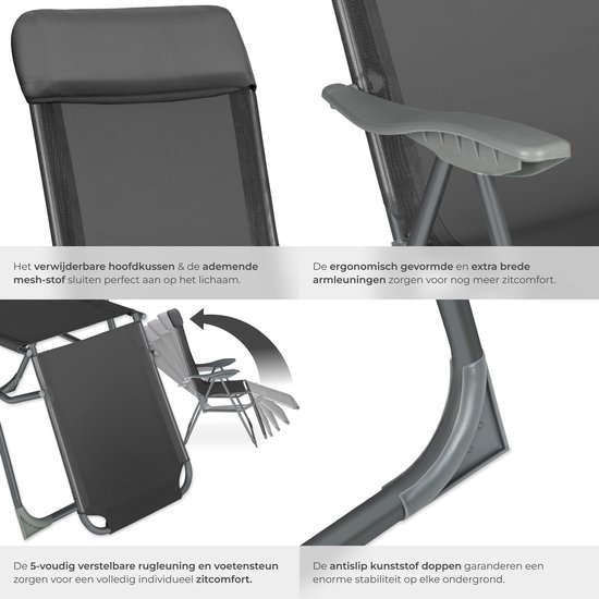 tectake® - Set van 2 klapstoelen - Aluminium tuinstoelen - Inklapbaar met hoofdsteun en voetensteun - Ligstoelen voor in de tuin, terras of balkon - Campingstoel - Antraciet van Merkloos — afbeelding 3