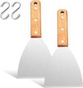 Spatule à grill, 2 pièces, spatules à plancha, spatules de cuisine, spatule à grill en acier inoxydable avec manche en bois, spatule à pizza pour BBQ/ cuisine / cuisson / nettoyage, bord biseauté et 2 crochets