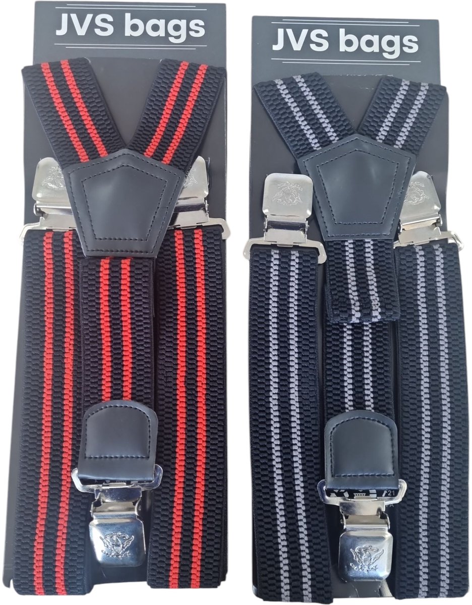 Heren - Dames Bretels – 3 brede stalen clips bretel - Unisex volwassenen -Motorrijders – Spijkerbroek – Beroepskleding – Skikleding Rood Zwart Grijs