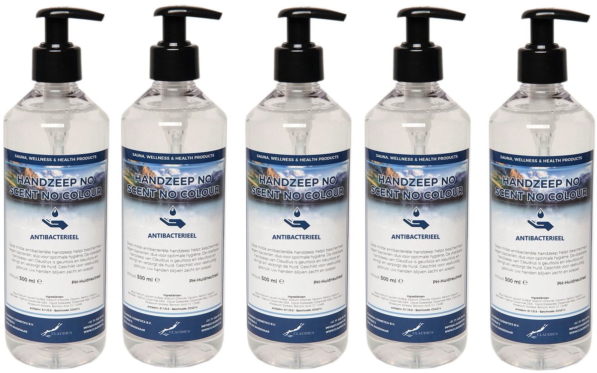 Handzeep No Scent, No Colour 500 ml - met gratis pompje - set van 5 stuks - Voordeelverpakking