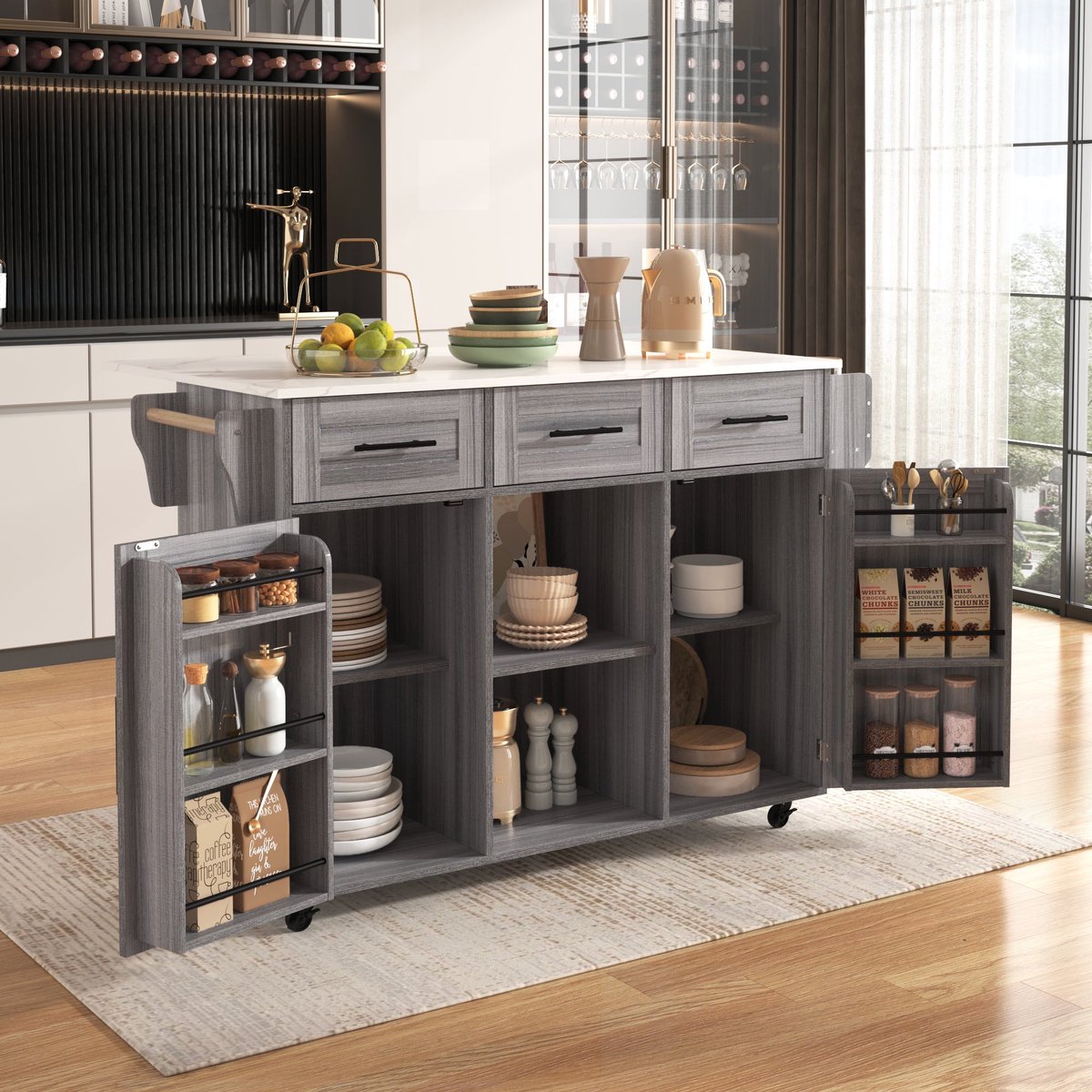 Merax Keukeneiland met Uitklapbaar Werkblad - Servieswagen met Opbergruimte en Lades - Keukentrolley met Wielen - 139x46(71)x91,5 cm - Grijs Houtlook met Marmerlook