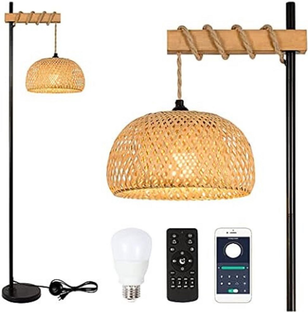 N.lux - Vloerlamp / Woonkamer / Dimbaar / Zwart / Hout / Landelijk / Touw / Vintage / Rotan