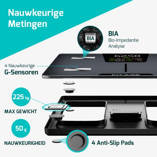 FITAGE LED Weegschaal Personenweegschaal Digitaal - Slimme Weegschaal met 17x Lichaamsanalyse - Weegschalen - FITAGE App