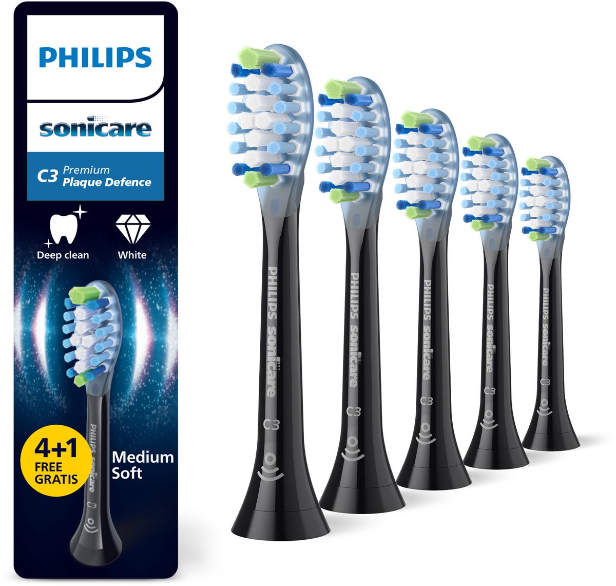 Philips Sonicare Premium Plaque Defence C3 – Opzetborstels voor Elektrische Tandenborstel – Zwart – Verpakking van 5 - Tandplakverwijdering - HX9045/88