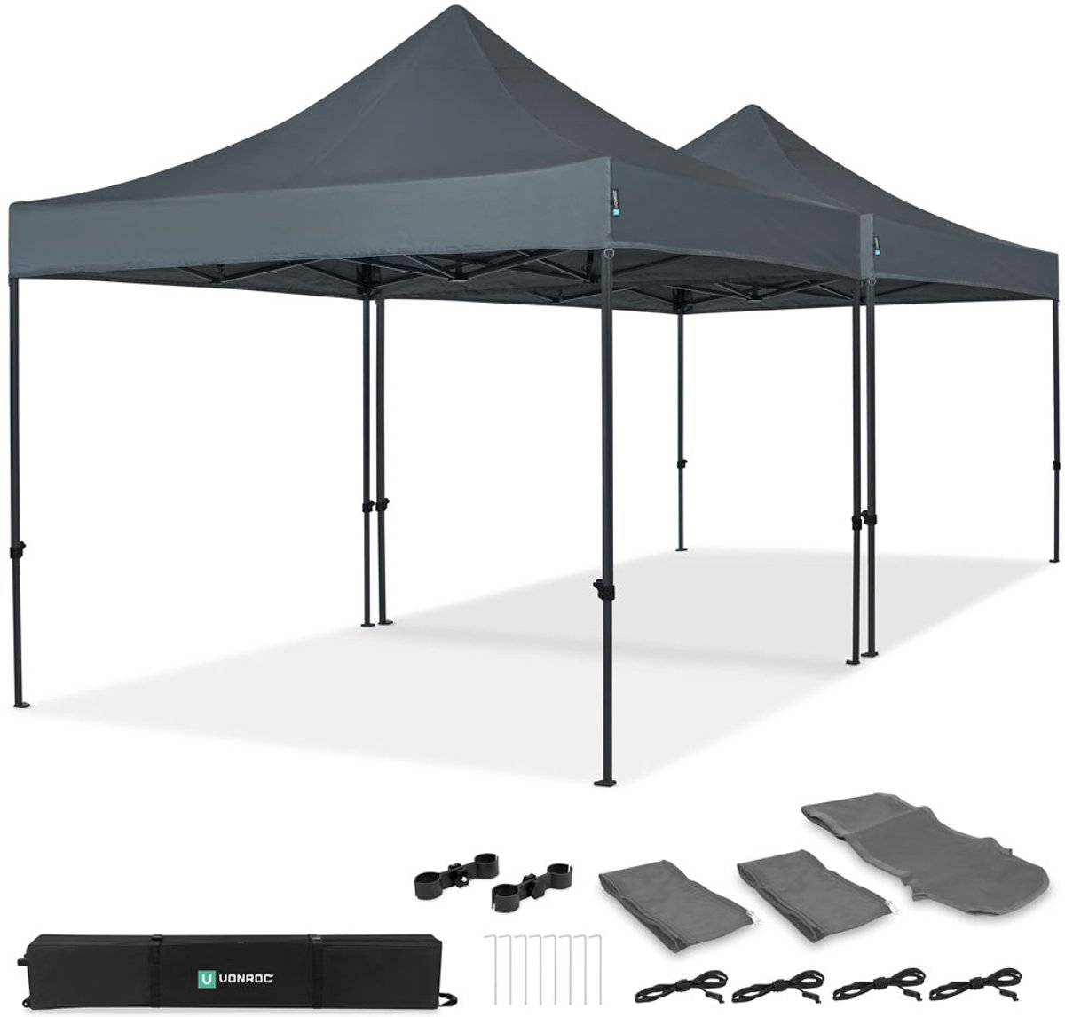 VONROC Easy-Up Partytent – 6x3 m – Premium easy-up Partytent - Set incl. 2x Tent en 1x Koppel-systeem - Modulair Ontwerp – Opvouwbaar – Waterdicht – Stalen Frame - 50+ UV Bescherming - Incl. Opbergtassen – Grijs