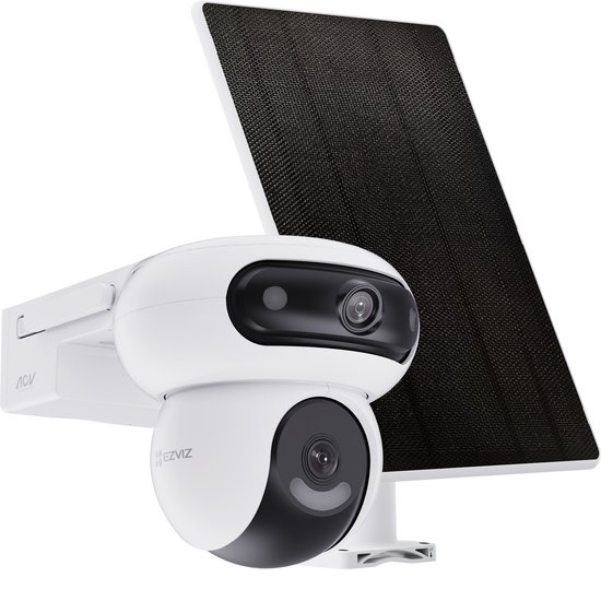 EZVIZ HB90+8w zonnepaneel 4MP+4MP dubbele lenzen 360° beveiligingscamera voor buiten Wifi draadloos met 10400mAh batterij, altijd-aan videomodus, personen-/voertuigdetectie, automatische volgfunctie