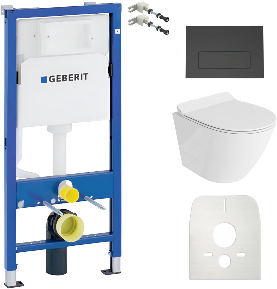 GEBERIT SOGO SLIM - Inbouwreservoir WC Basic - Zwarte Delta 25 drukplaat - Rimless wandcloset - Set Wit Hoogglans