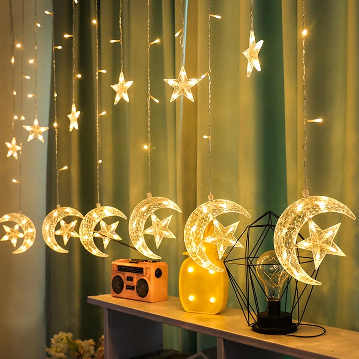 IBBO® - 138 LED's Star Moon Curtain Star Moon Curtain Decoratieve Verlichting - Warme Verlichting - Verstelbare Lichtmodi - Star Moon Curtain Decoratieve Verlichting - Raamgordijn String Lights