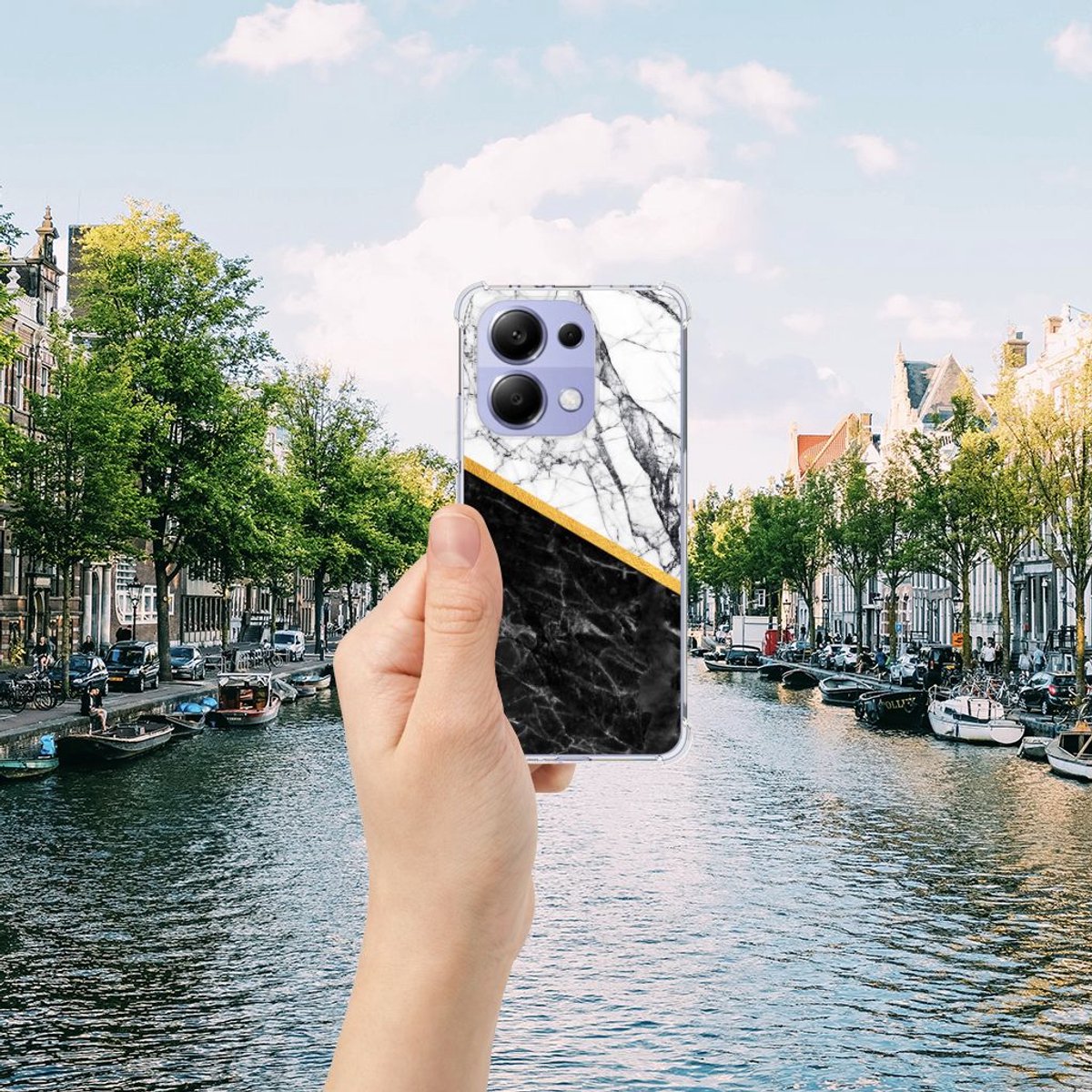 Xiaomi Redmi Note 13 4G Anti-Shock Hoesje Marmer Wit Zwart - Origineel Cadeau Man