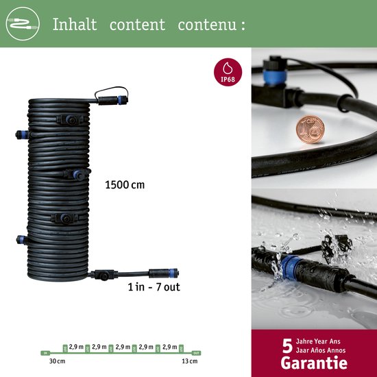 Plug & Shine Kabel 15m 7 uitgangen IP68 Zwart