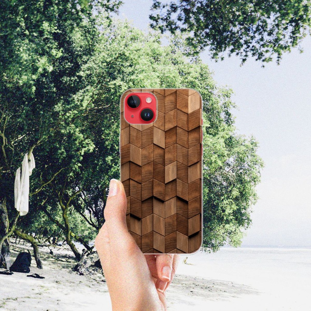 Bumper Hoesje voor iPhone 14 Plus Wooden Cubes