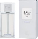 Dior Homme Cologne fles en verpakking. Zilveren dop en de tekst 'COLOGNE' in blauwe letters.