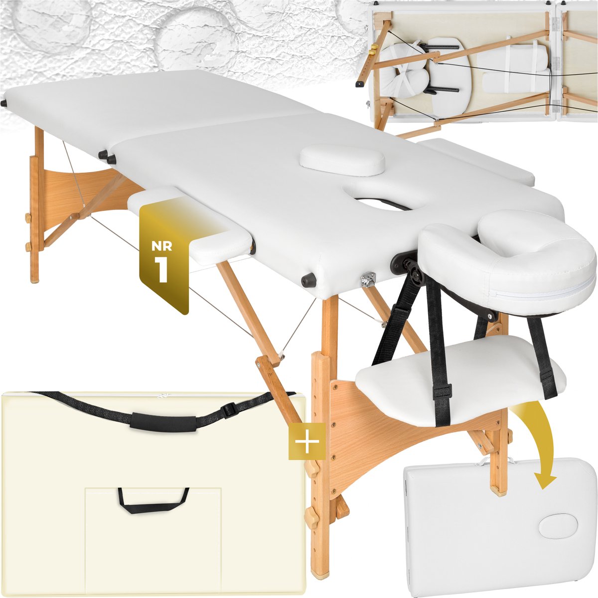 Goedkoopste tectake®- Massagetafel - 2 Zones, Opvouwbare en Draagbare Massagetafel met 5 cm Vulling, In Hoogte Verstelbaar, Mobiele Massagebank met Houten poten en Accessoires, Draagtas - Wit