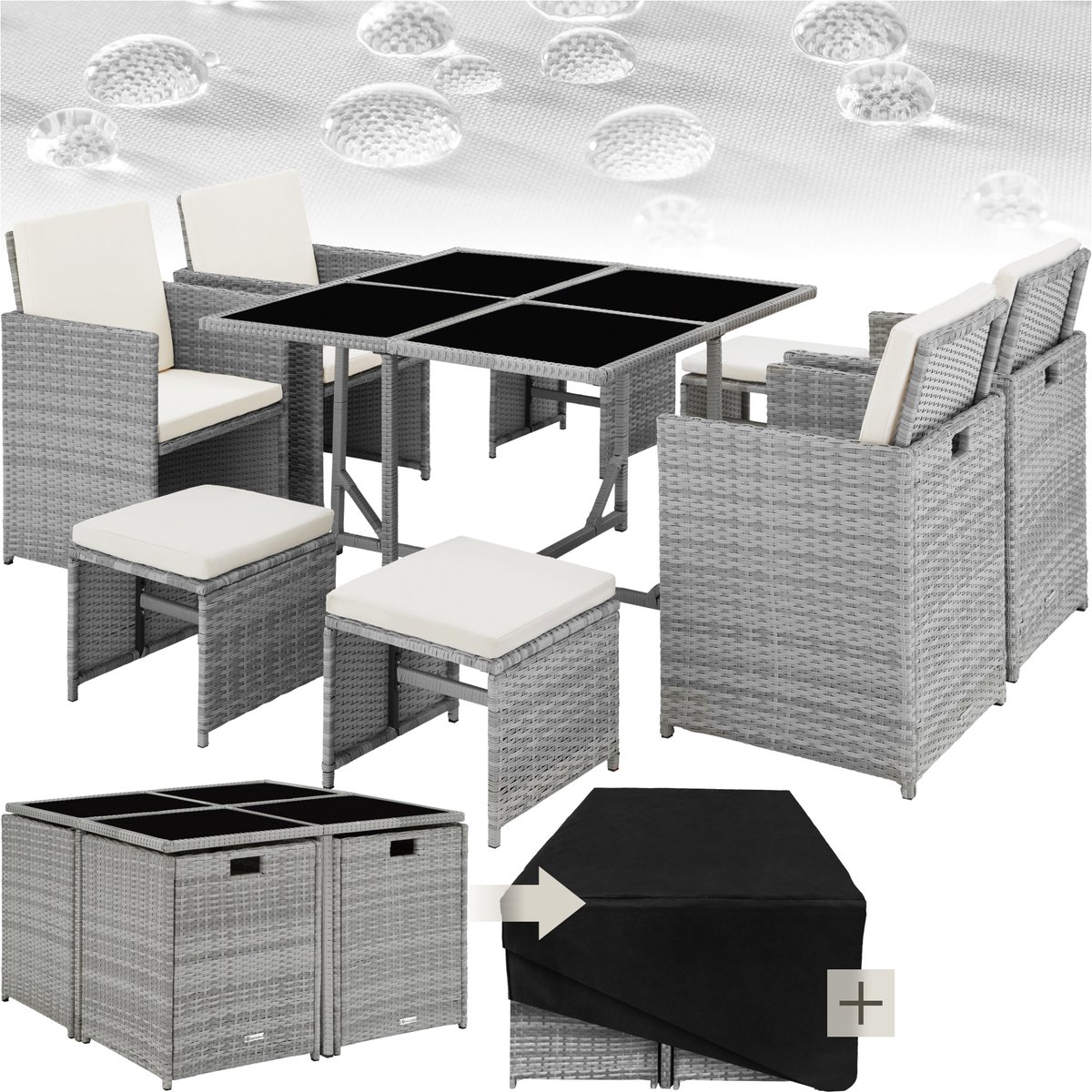 tectake® -wicker loungemeubelset zitgroep - 4x stoelen, 1x tafel, 4x krukken - weerbestendig en ruimtebesparend - inclusief beschermhoes - outdoor wicker tuinmeubelen voor balkon, tuin en terras - lichtgrijs - poly-rattan