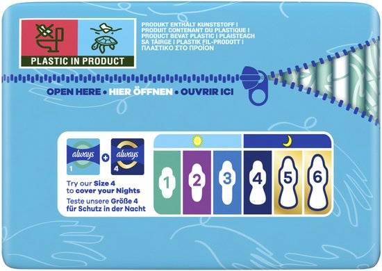Emballage de 114 serviettes hygiéniques Always Ultra Day, taille 1, "boîte avantage" avec indication soleil jour et lune nuit.