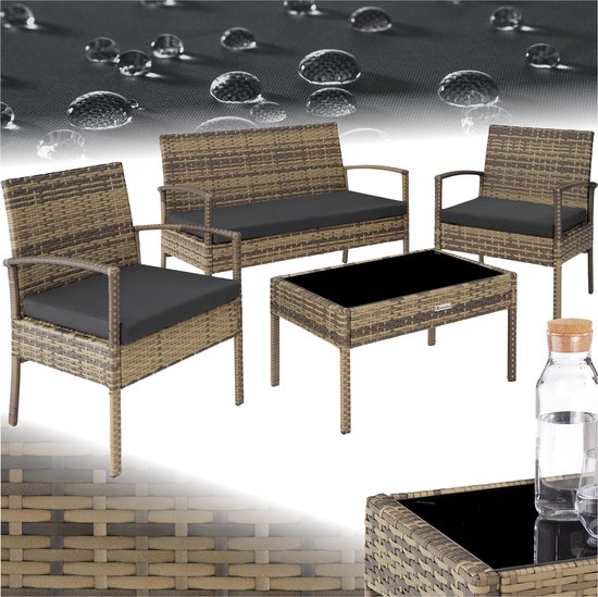 tectake® - Wicker tuinset - Weerbestendig - Tuinset met 2 Fauteuils, 1 Tuinbank, 1 Tafel - Outdoor Loungemeubelset voor Tuin, Terras en Balkon - Naturel