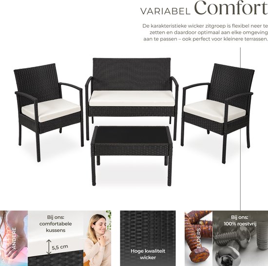 tectake® Tuinset 4 persoons - 2 Tuinstoelen - Tuintafel - Tuinbank - Wicker - Zwart - Geschikt voor tuin, balkon, terras, lounge of serre - Weer- en UV-bestendig