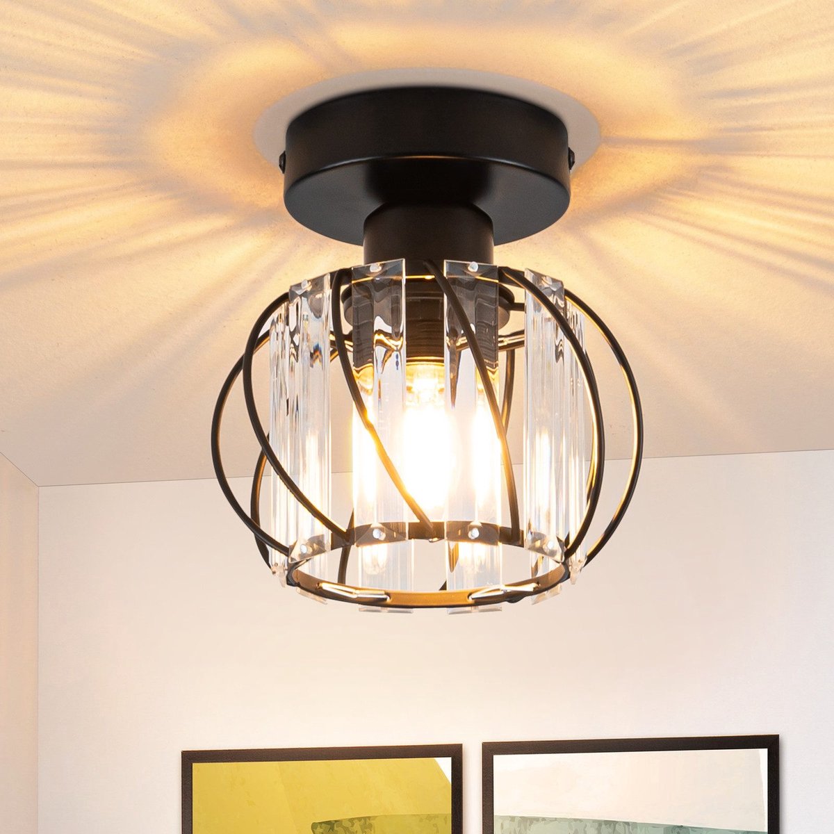 NETTLIFE Plafonnière - 1xE27 - Plafondlamp - Modern - Zwart - Metaal en kristal - Ø 15cm - Draaibaar ontwerp - Ganglamp - voor woonkamer | gang | keuken | balkon - Zonder lamp