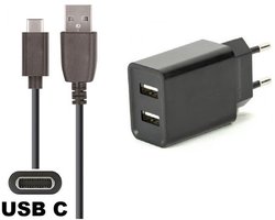 OneOne 2.1A lader met 2 poorten + 0,25m standaard USB C kabel. Oplader adapter past op Universeel Jabra, JVC, Lotoo, MARSHALL, Medion, Nikon, OnePlus, Panasonic, RICOH, Pocketbook, Rollei, Emporia, Bea-Fon / Beafon