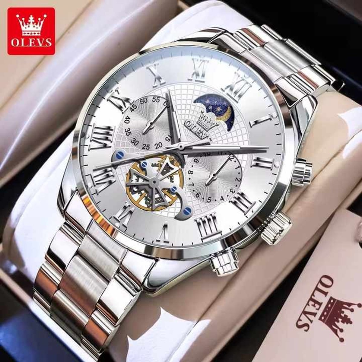 HO-3640.z : Olevs zilverkl edelstaal chronografisch quartz horloge, 2de tijdzone uren minuten maanfase -aanduiding