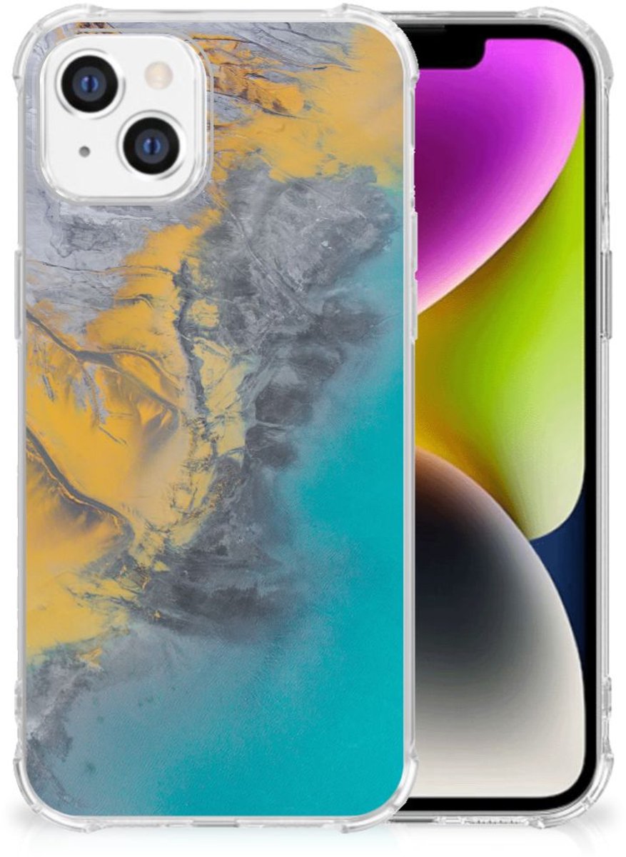 TPU Case Anti-Shock voor iPhone 14 Anti-Shock Hoesje Marble Blue Gold
