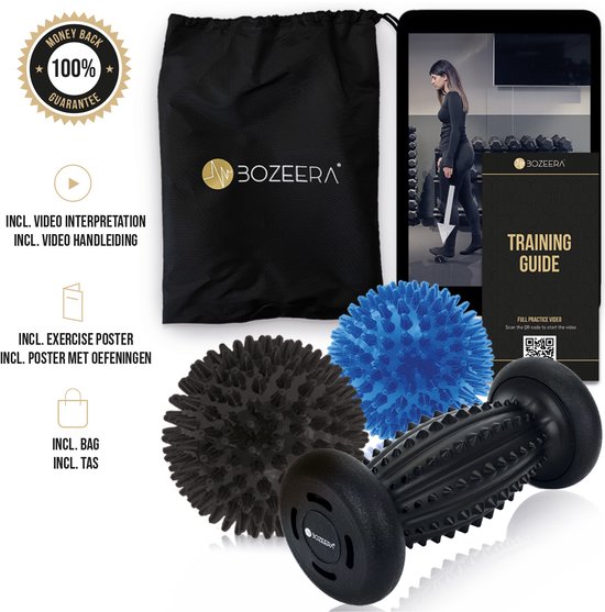 BOZEERA trainingsset met zwarte tas, spiky massageballen, voetroller en trainingsgids.
