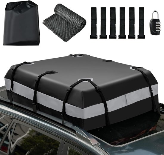 COSTWAY Dakkoffer voor de auto, inhoud 420 l, waterdichte daktas, met cijferslot, 6 deurhaken, antislipmat en draagtas, opvouwbare bagagebox, voor alle voertuigen, zowel met/zonder dakdragers, grijs