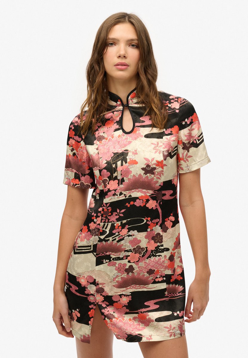 Superdry Mini-jurk van jacquard met mandarijnkraag Dames Jurken Roze