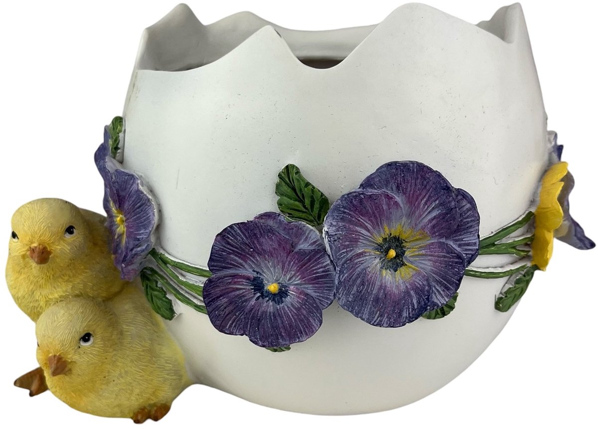 Goodwill Bloempot Pasen-Kuikentjes-Viooltjes Wit-Paars-Geel 21 cm Opening 11.5 cm