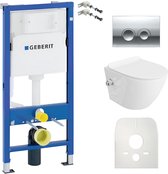 Inbouwreservoir Complete Toiletset Geberit Duofix Basic - Inbouw WC Hangtoilet Wandcloset SALTO Wit Hoogglans met bidetfunctie - Bedieningsplaat DELTA Chroom Rund - Voorwandelement - Installatiesysteem