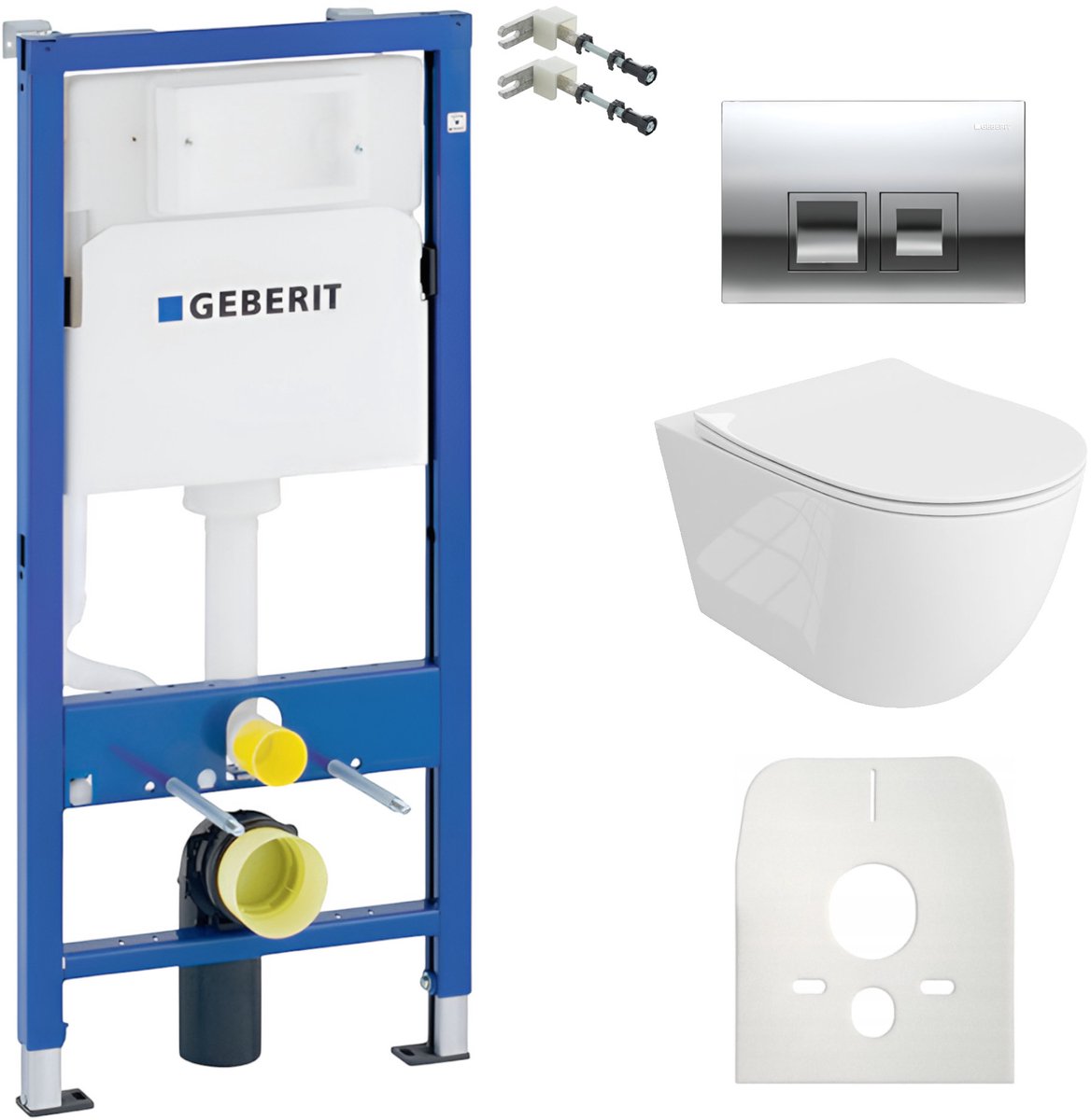 GEBERIT BASIC SINTO GRANDE - Inbouwreservoir WC - Chromen Delta drukplaat - Rimless wandcloset - Witte Toiletset