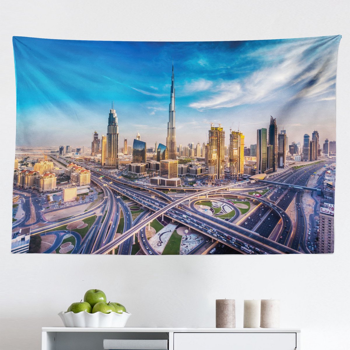 New Bed Stad Panoramisch Dubai Verkeer Wandkleed, Stoffen Muurdecoratie, 230 cm 140 cm