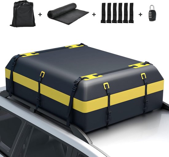 COSTWAY Dakkoffer voor auto, dakkoffer, waterdicht, met 6 deurhaken, cijferslot, antislip mat en draagtas, opvouwbare daktas, bagagebox voor auto's, bestelwagens, SUV's, geel, 600 liter