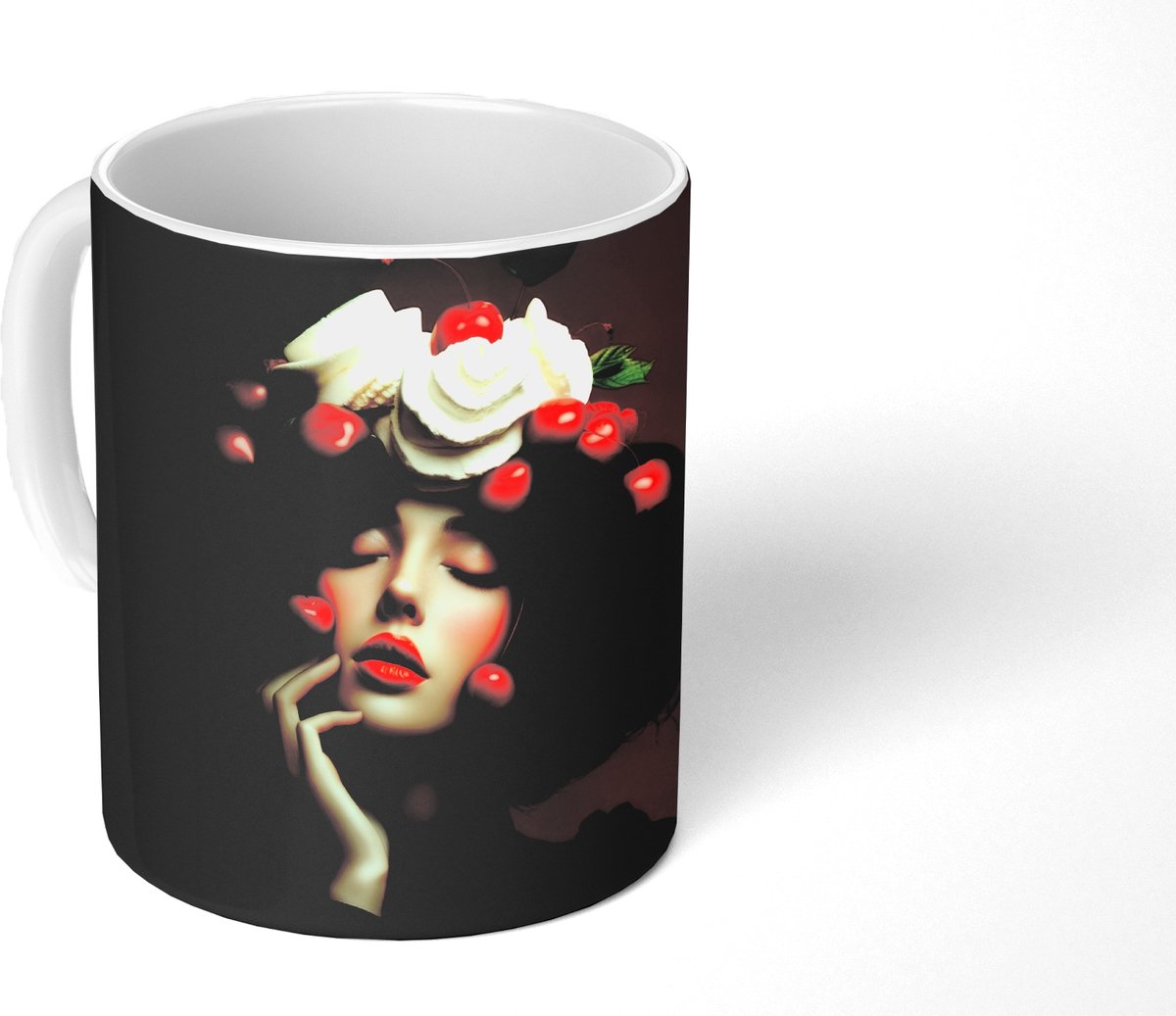 Mok - Koffiemok - Vrouw - Kersen - Slagroom - Mokken - 350 ML - Beker - Koffiemokken - Theemok