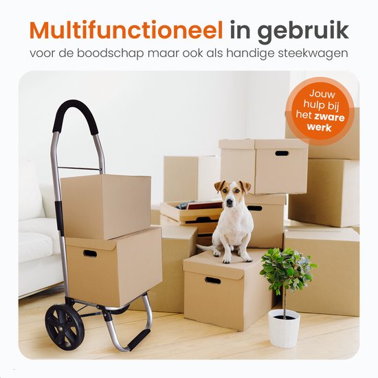Zilveren boodschappentrolley met twee zwarte wielen, beladen met dozen. Een hond zit bovenop de dozen.