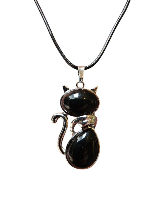 Pendentif chat en obsidienne noire avec chaîne