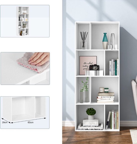 FirFurd Boekenkast 7 lagen boekenplank wit woonkamer boekenkasten vrijstaande display plank hoge rekken unit voor thuiskantoor 60 x 23,5 x 209,5 cm