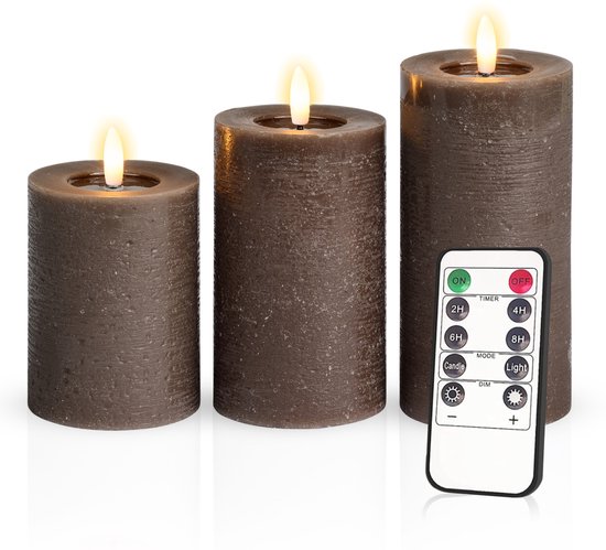 Meisterhome – 3 x Led Stompkaars - Bruin – Stompkaars Echte wax - Led kaarsen - 10 / 12.5 / 15 cm Hoog - Met afstandsbediening – Timer 2/4/6/8 uur – Dimbaar