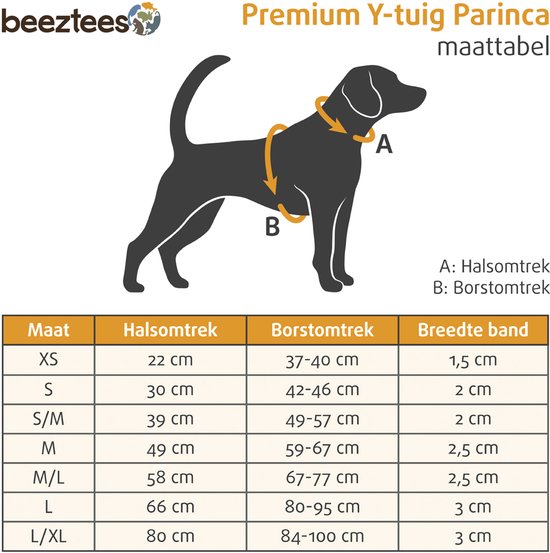 Diagram met maten voor Beeztees Parinca Y-tuig voor honden. A: halsomtrek, B: borstomtrek.