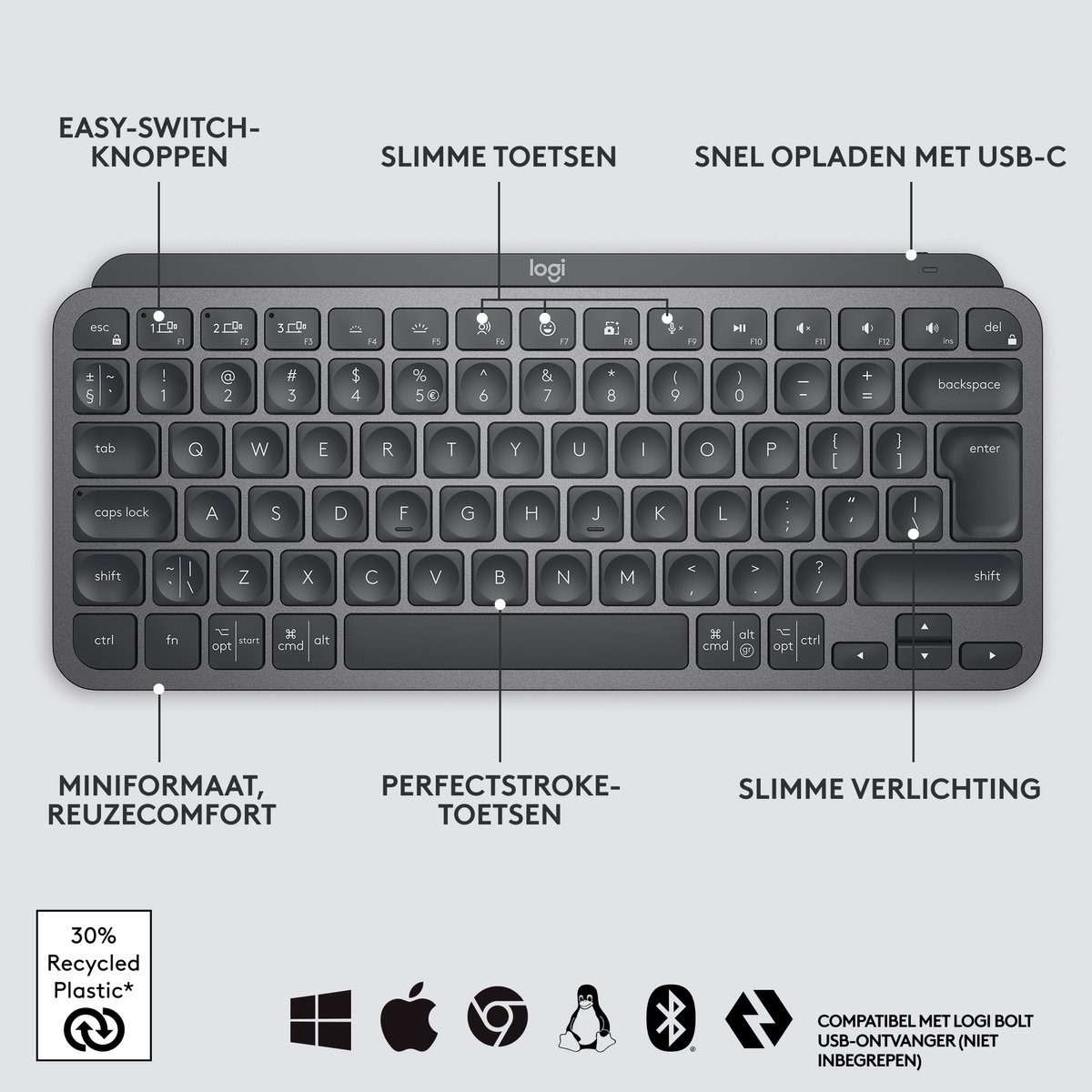 Logitech MX KEYS Mini - Draadloos Bluetooth Toetsenbord - QWERTY ISO - Graphite — afbeelding 6