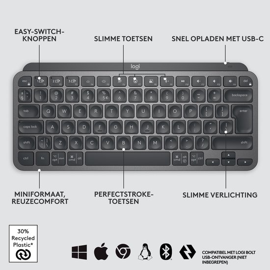 Logitech MX KEYS Mini - Draadloos Bluetooth Toetsenbord - QWERTY ISO - Graphite