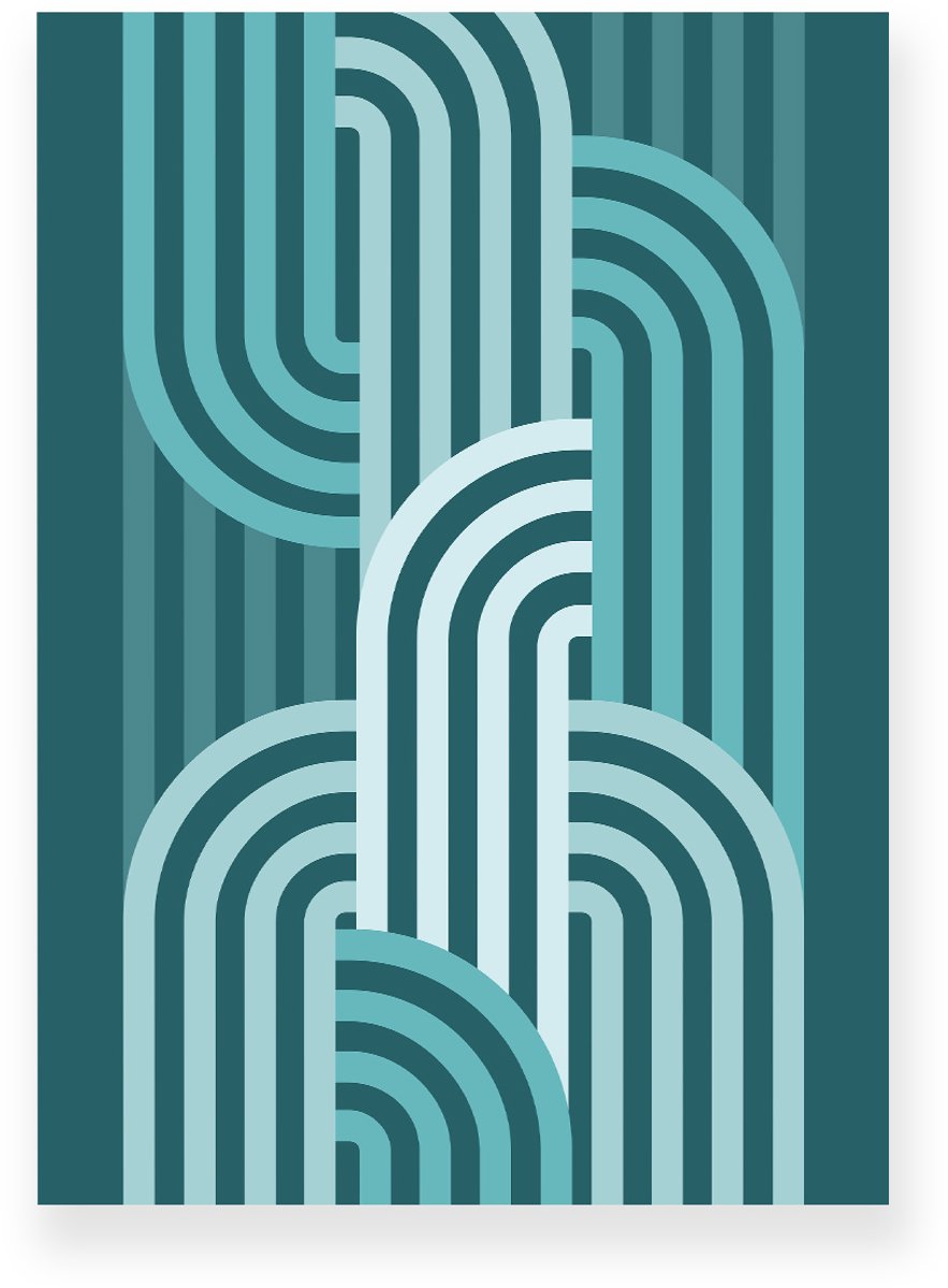 Yisual Poster 50x70 cm - Halve Bogen - Patroon - Blauw - Petrol - Optische Illusie - Japandi - Muurdecoratie - Wanddecoratie