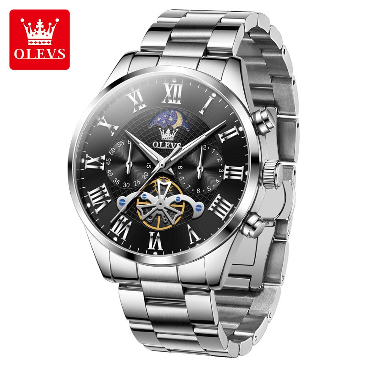 HO-3640.z-zw : Olevs zilverkl edelstaal chronografisch quartz horloge, zwarte wijzerplaat, 2de tijdzone uren minuten maanfase -aanduiding