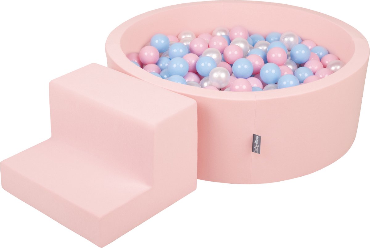 KiddyMoon Schuimspeelplaats met stappen en Ballenbad - 7cm 200 Ballen - Speeltoestel - Ballenbak voor baby - Hindernisbanen - Roze: Babyblauw Poederroze Parel