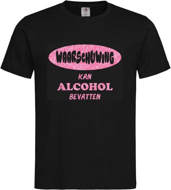 Foto: T shirt unisex volwassenen lol carnaval kermis feestje grappig tekst waarschuwing kan alcohol bevatten op voorkant korte mouw zwart roze glitter maat m